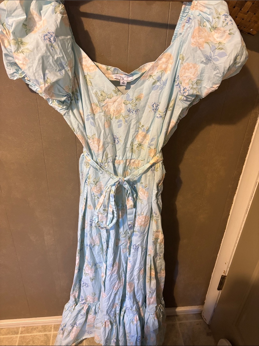 LoveShackFancy Light Blue Floral Maxi Dress with Puff Sleeves